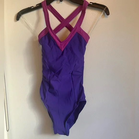Capezio, XS, purple & pink, leotard, crossing back straps, built in bra, ballet - Picture 1 of 4